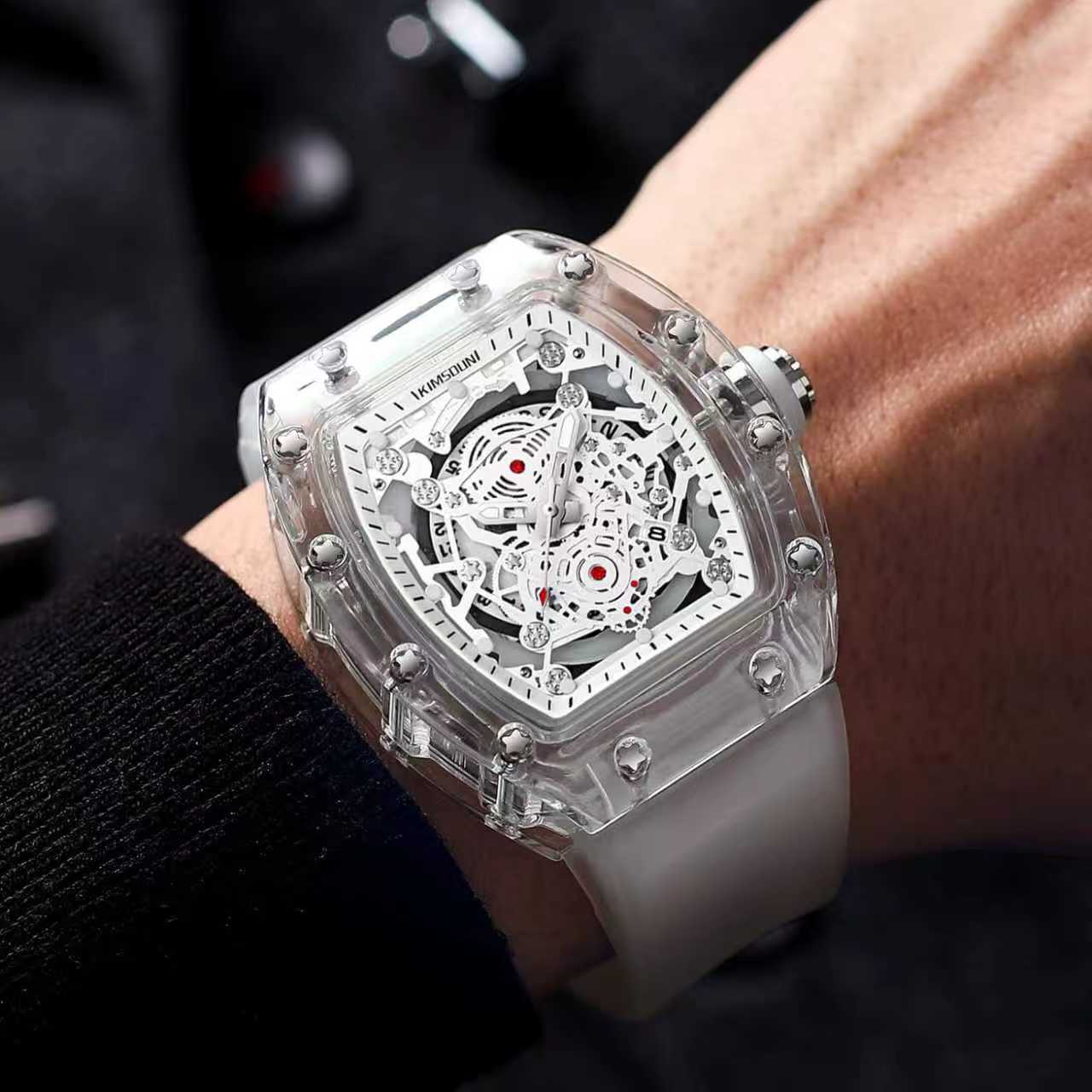Fashion Hollowed Men Watches Tonneau Transparent Analog Display Silicone Strap Calendar Quartz Waterproof Trend Male Wrist Watch